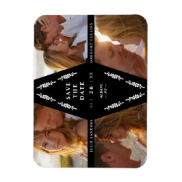 Black Botanical Modern Collage 4 Photos Wedding マグネット