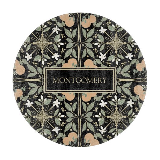 Black Botanical Orange Blossoms Pattern カッティングボード (正面)