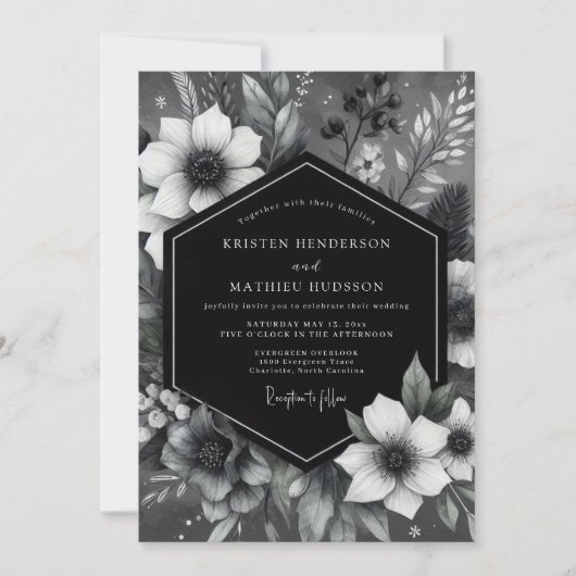 Black Botanical Romance Wedding 招待状 (正面)