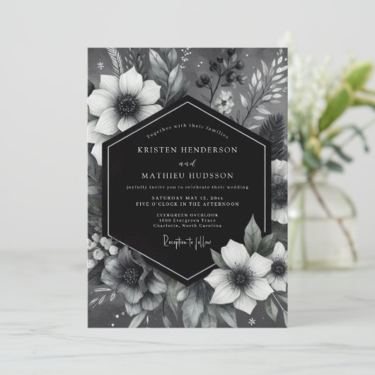 Black Botanical Romance Wedding 招待状 (スタンド正面)