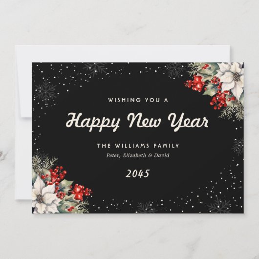 Black Botanical Snowflakes New Year Card シーズンカード (正面)