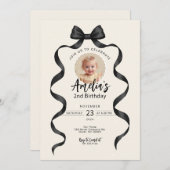 Black Bow Birthday Any Age Photo Invitation 招待状 (正面/裏面)