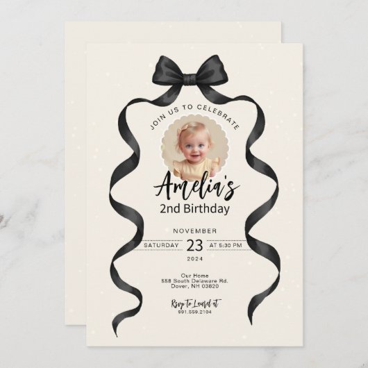 Black Bow Birthday Any Age Photo Invitation 招待状 (正面/裏面)