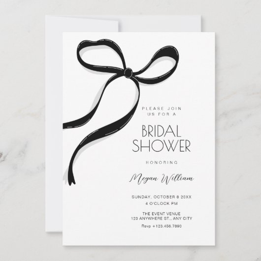 Black bow bridal shower 招待状 (正面)