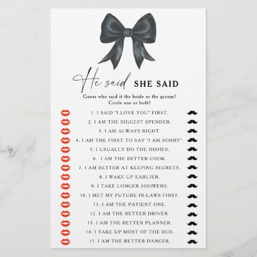 Black bow bridal shower He said she said game (正面)