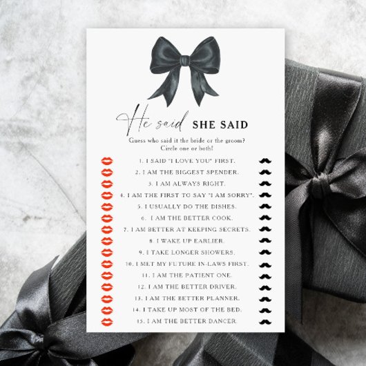 Black bow bridal shower He said she said game