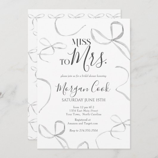Black bow Bridal Shower Invitation, miss to mrs  招待状 (正面/裏面)