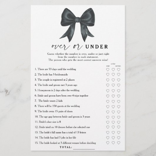Black bow bridal shower Over or under game (正面)