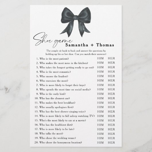 Black bow bridal shower Shoe game (正面)