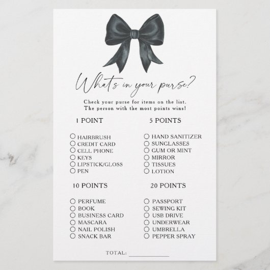 Black bow bridal shower What's in your purse game (正面)