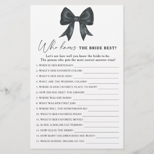 Black Bow Bridal Shower Who knows the bride best (正面)