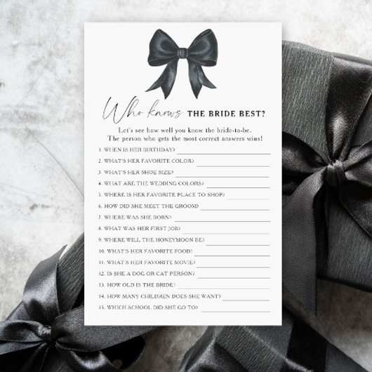 Black Bow Bridal Shower Who knows the bride best