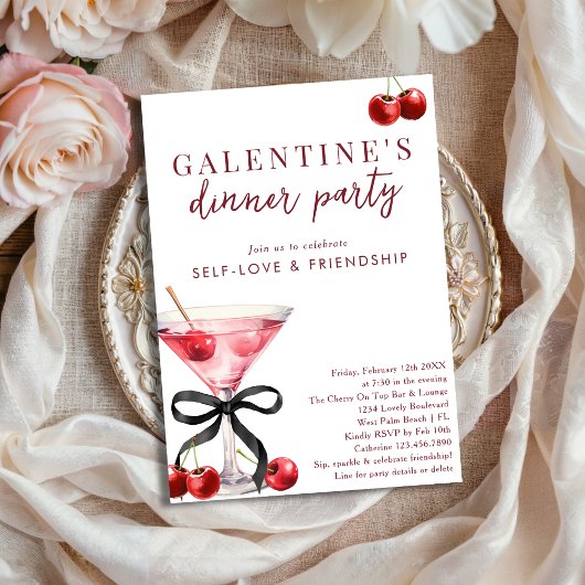 Black Bow Cherry Martini Galentines Dinner Party 招待状