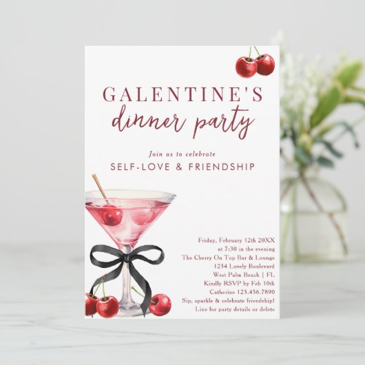 Black Bow Cherry Martini Galentines Dinner Party 招待状 (スタンド正面)