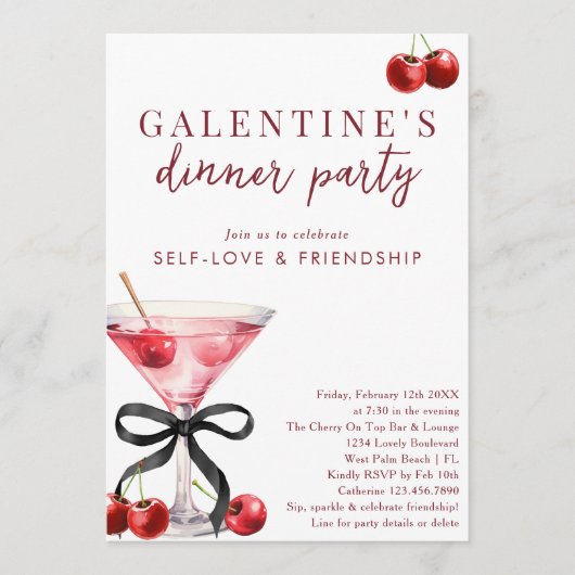 Black Bow Cherry Martini Galentines Dinner Party 招待状 (正面)