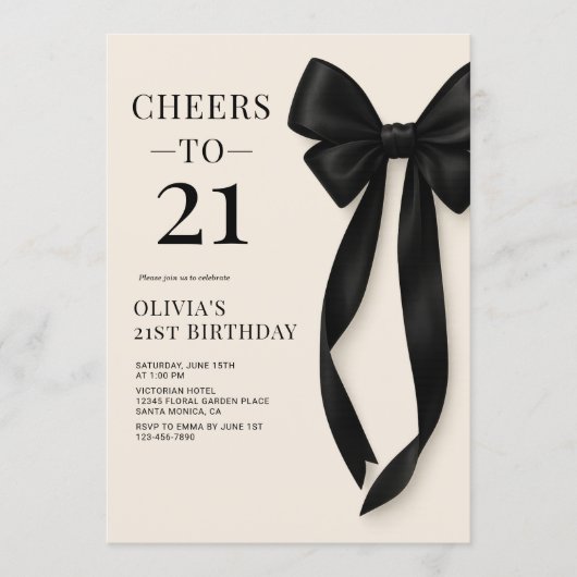 Black Bow Coquette 21st Birthday 招待状 (正面)