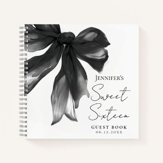 Black Bow Coquette Script Sweet 16 Guest Book ノートブック (正面)