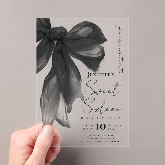 Black Bow Coquette Script Sweet 16 Party アクリル招待状 (インサイチュ (ポータブル))