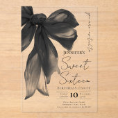 Black Bow Coquette Script Sweet 16 Party アクリル招待状 (正面)