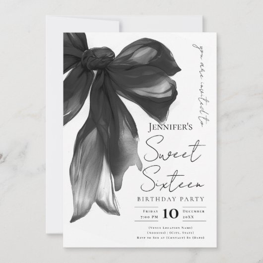 Black Bow Coquette Script Sweet 16 Party 招待状 (正面)