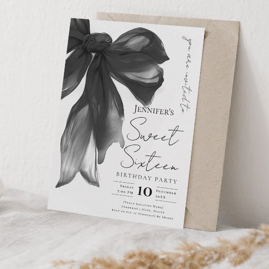 Black Bow Coquette Script Sweet 16 Party 招待状