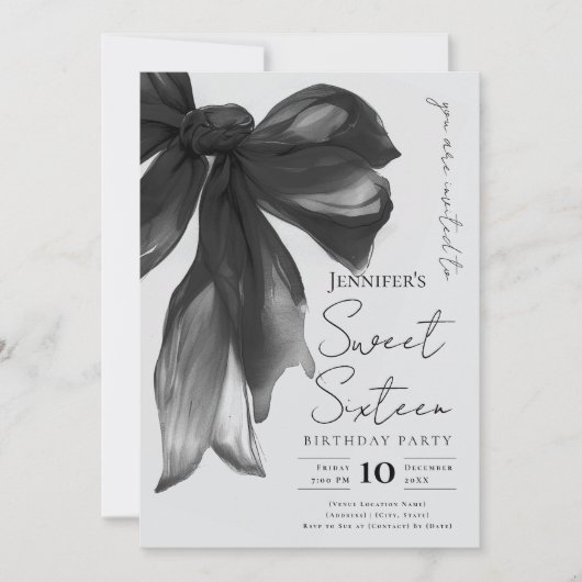 Black Bow Coquette Script Sweet 16 Party Gray  招待状 (正面)