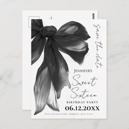 Black Bow Coquette Sweet 16 Save the Date ポストカード (正面/裏面)