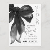 Black Bow Coquette Sweet 16 Save the Date ポストカード (正面)