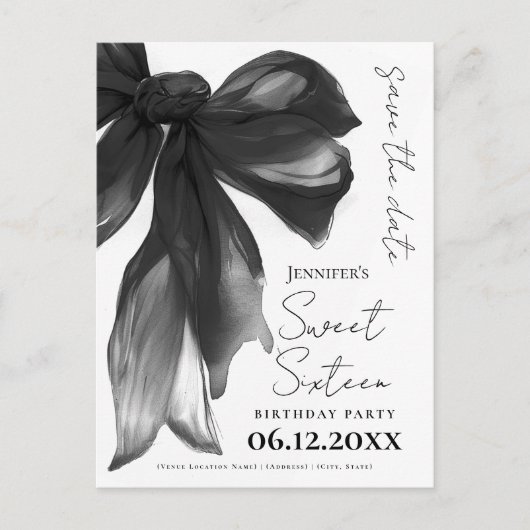 Black Bow Coquette Sweet 16 Save the Date ポストカード (正面)