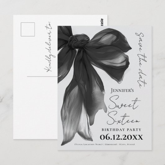 Black Bow Coquette Sweet 16 Save the Date Grey ポストカード (正面/裏面)