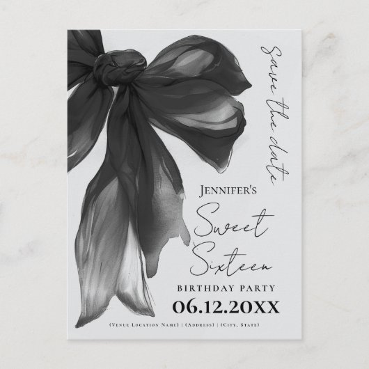 Black Bow Coquette Sweet 16 Save the Date Grey ポストカード (正面)