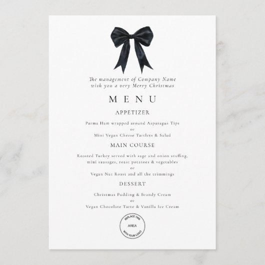 Black Bow Corporate Logo Christmas Party Menu Card 招待状 (正面)