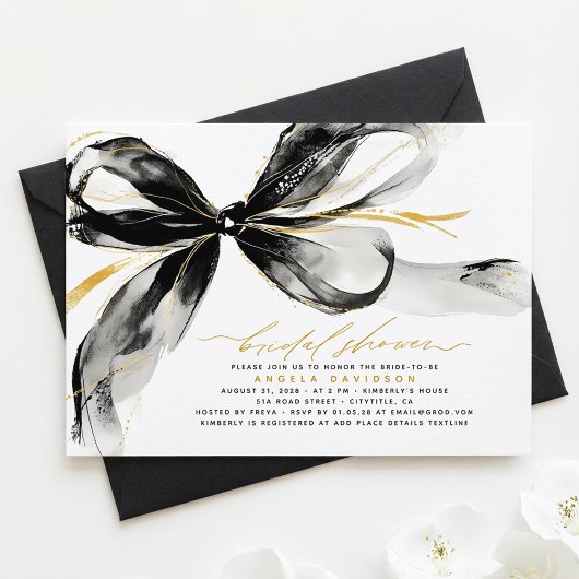 Black Bow Elegant Romantic Modern Bridal Shower 招待状