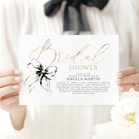 Black Bow Elegant Romantic Modern Bridal Shower 招待状