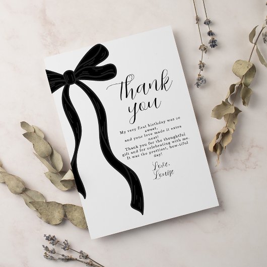 Black Bow First Birthday Coquette Thank You Card サンキューカード