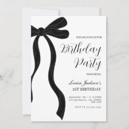 Black Bow First Birthday Party Invitation 招待状