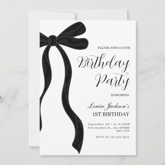 Black Bow First Birthday Party Invitation 招待状 (正面)