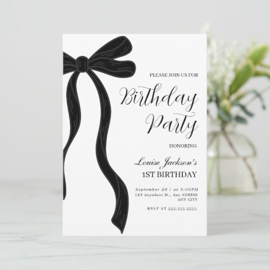 Black Bow First Birthday Party Invitation 招待状 (スタンド正面)