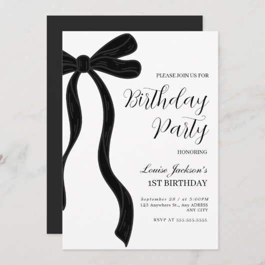 Black Bow First Birthday Party Invitation 招待状 (正面/裏面)