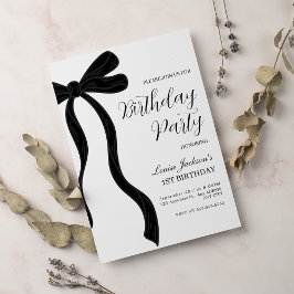 Black Bow First Birthday Party Invitation 招待状