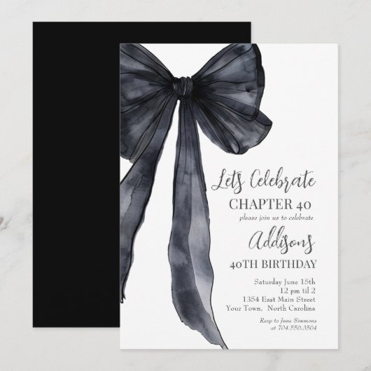 Black Bow Forty 40th Birthday Party Invitation 招待状 (正面/裏面)