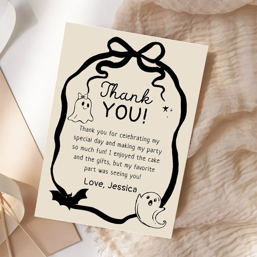 Black bow Ghost Halloween Thank you card サンキューカード