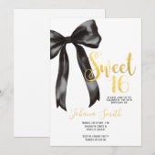 Black Bow Gold Sweet Sixteen Girl Birthday Party 招待状 (正面/裏面)