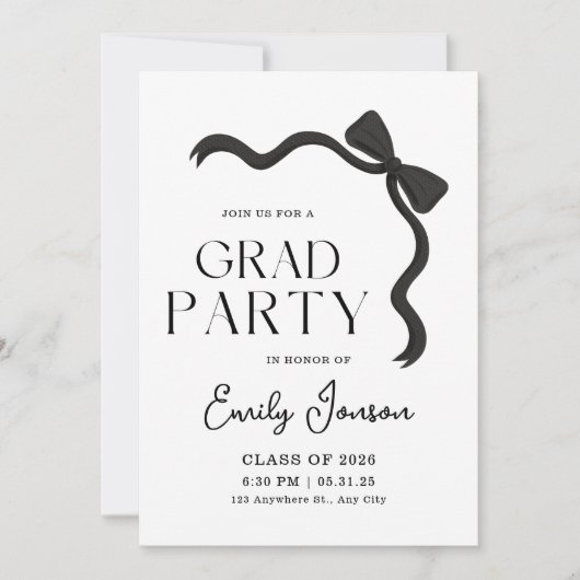 Black Bow Graduation Party Elegant Modern Grad  招待状 (正面)