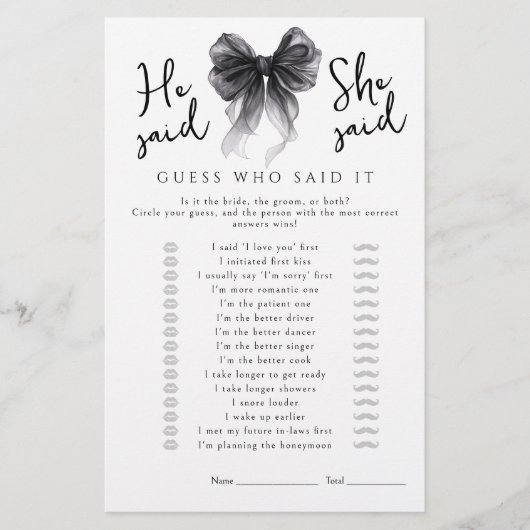 Black Bow He said She said Bridal Shower Game (正面)