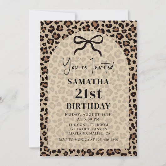 Black Bow Leopard Cheetah Birthday Invitation 招待状 (正面)