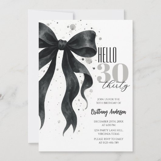 Black Bow Modern 30th Birthday 招待状 (正面)