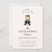 Black Bow Pearl Champagne Graduation 招待状 (正面)