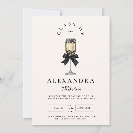 Black Bow Pearl Champagne Graduation 招待状 (正面)