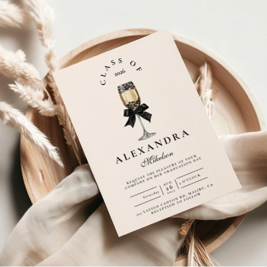 Black Bow Pearl Champagne Graduation 招待状